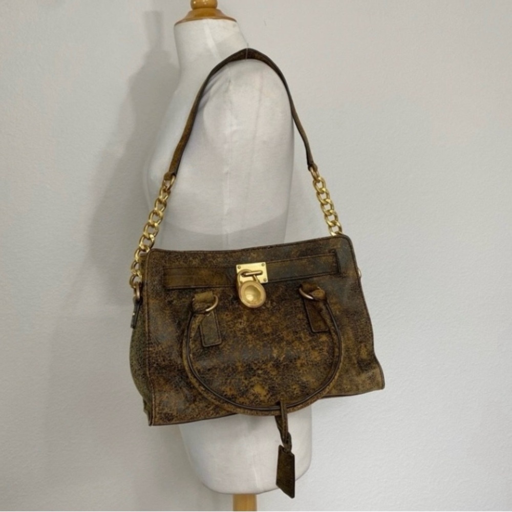 Michael Kors Women's Bronze Metallic Hamilton Gold Chunky Chain Strap Satchel - Picture 1 of 16